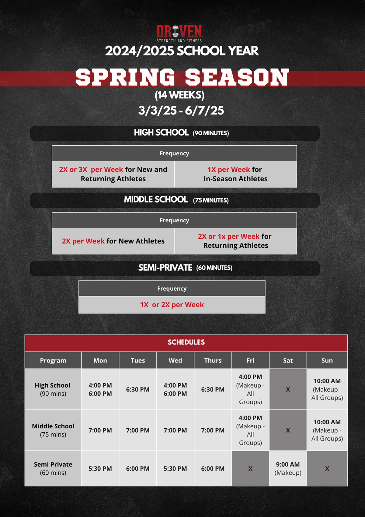 Driven Strength and Fitness Development Spring Schedules
