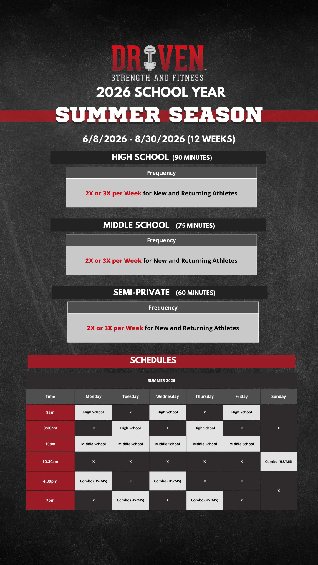 Driven Strength and Fitness Summer Season Schedule 2026 poster